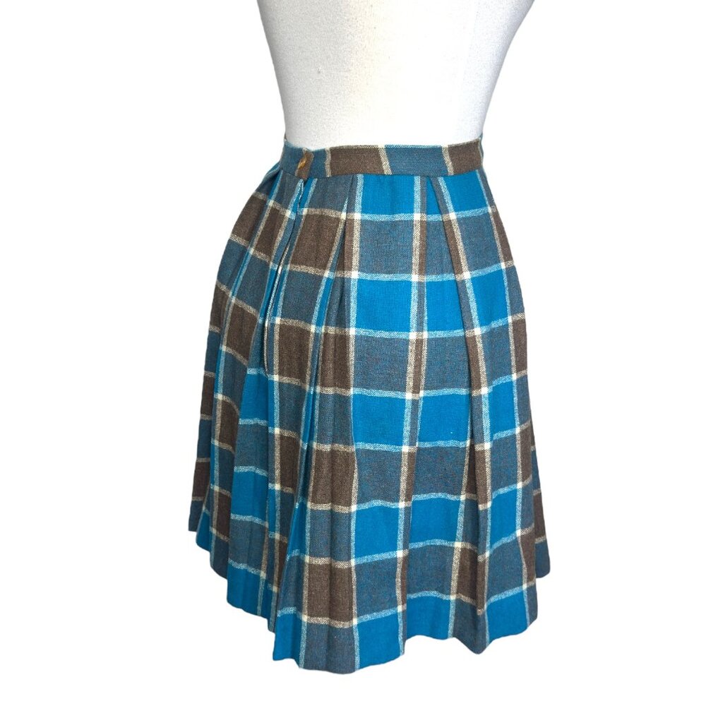 1970's Handmade Plaid Skirt Midi A-Line Pleated Barbiecore Blue and Brown Wool - Picture 5 of 10